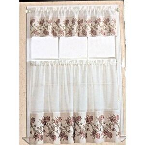 Fleur Jacquard Kitchen Curtains Floral Lavender Purple Tan Brown Tiers Valance